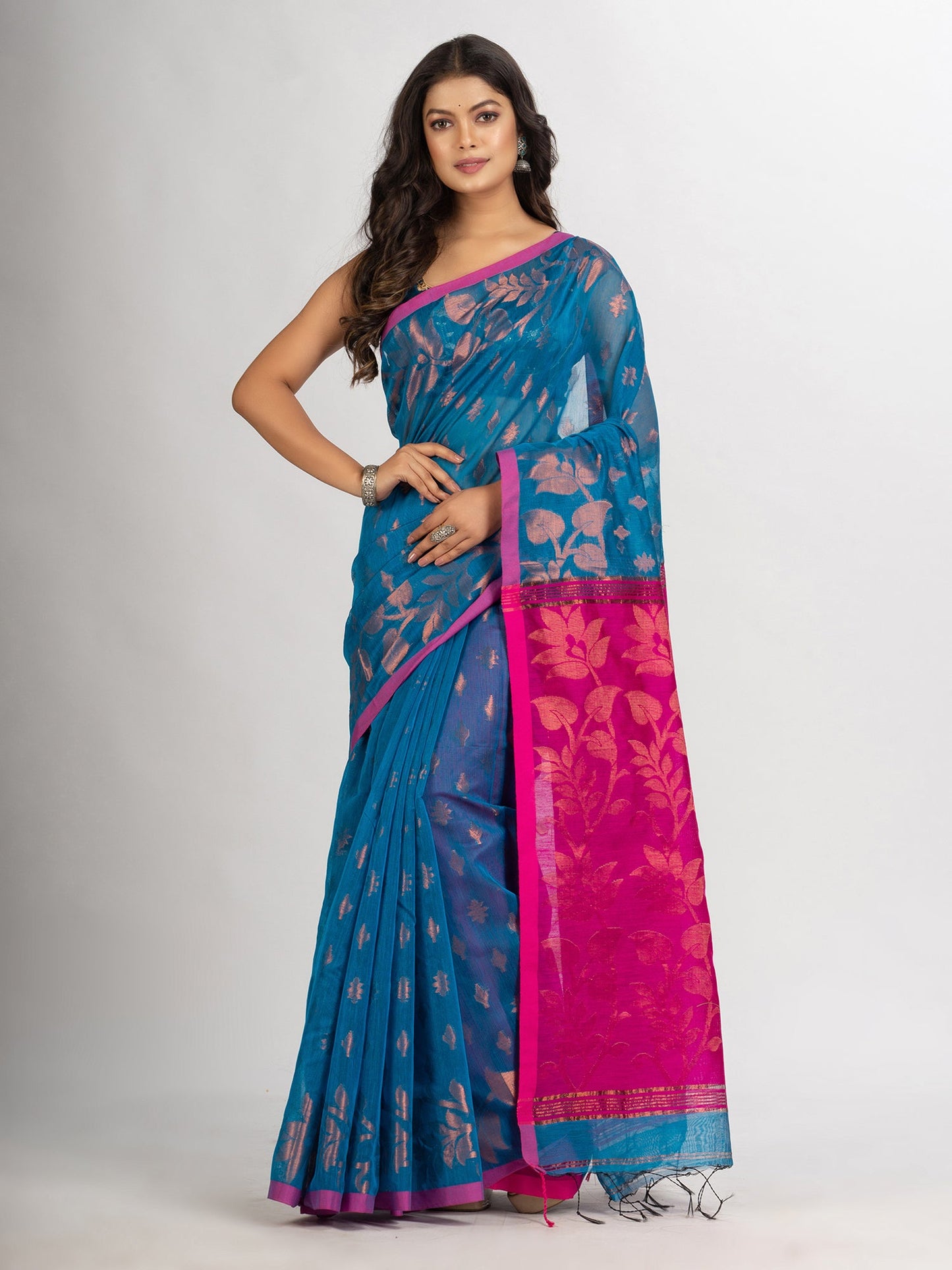 Women's Sky Blue Cotton Blend Handloom Tangail Saree