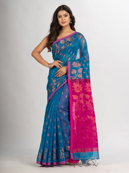 Women's Sky Blue Cotton Blend Handloom Tangail Saree