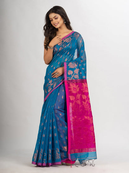 Women's Sky Blue Cotton Blend Handloom Tangail Saree