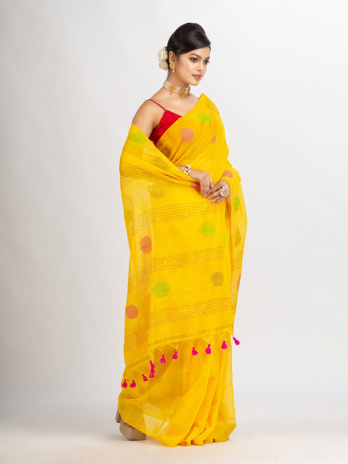 Women's Yollow Handweven Cotton Blend Jamdani handloom Saree