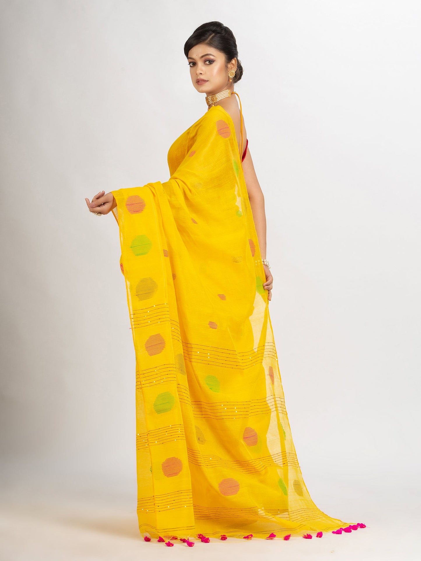 Women's Yollow Handweven Cotton Blend Jamdani handloom Saree