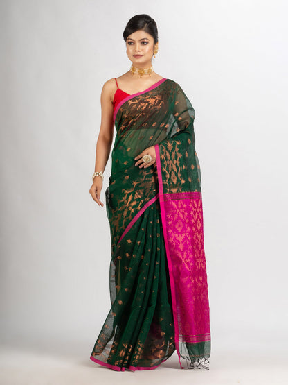 Women's Battle Green Cotton Blend Handloom Tangail Saree