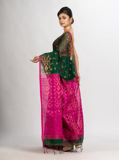 Women's Battle Green Cotton Blend Handloom Tangail Saree
