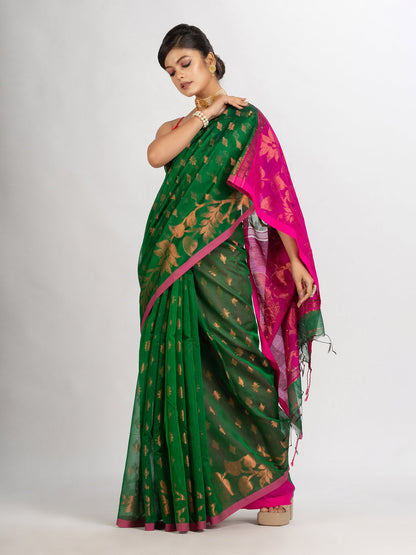 Women's Green Cotton Blend Handloom Tangail Saree