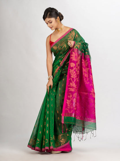 Women's Green Cotton Blend Handloom Tangail Saree
