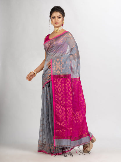 Women's Silver Gray Cotton Blend Handloom Tangail Saree