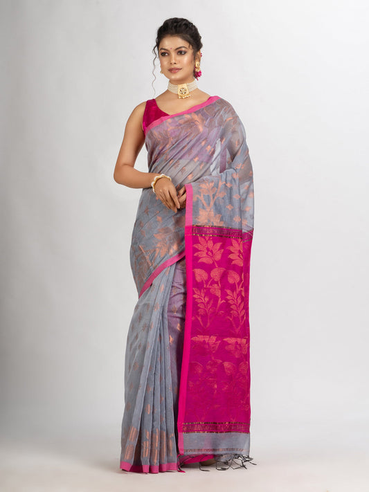 Women's Silver Gray Cotton Blend Handloom Tangail Saree
