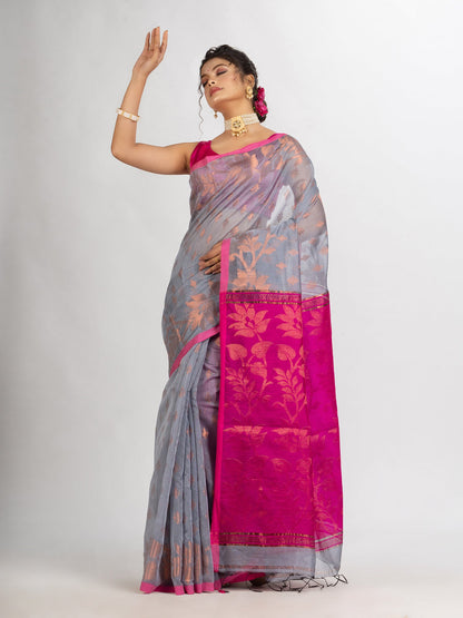 Women's Silver Gray Cotton Blend Handloom Tangail Saree