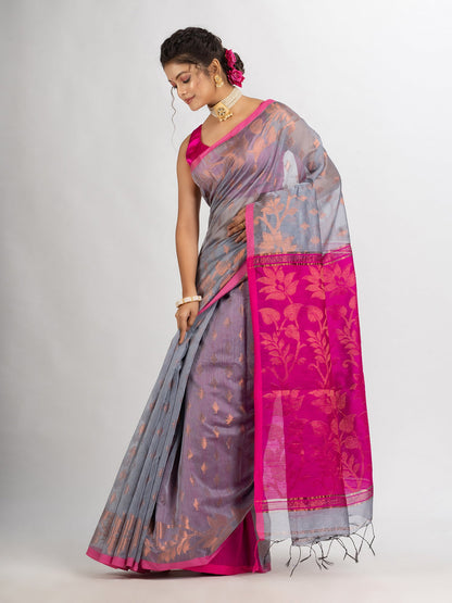 Women's Silver Gray Cotton Blend Handloom Tangail Saree