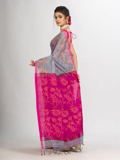 Women's Silver Gray Cotton Blend Handloom Tangail Saree