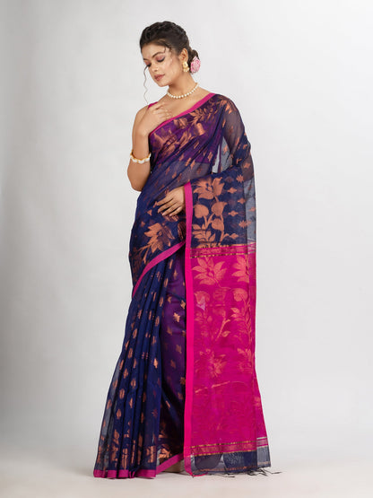 Women's Nevy Blue Cotton Blend Handloom Tangail Saree