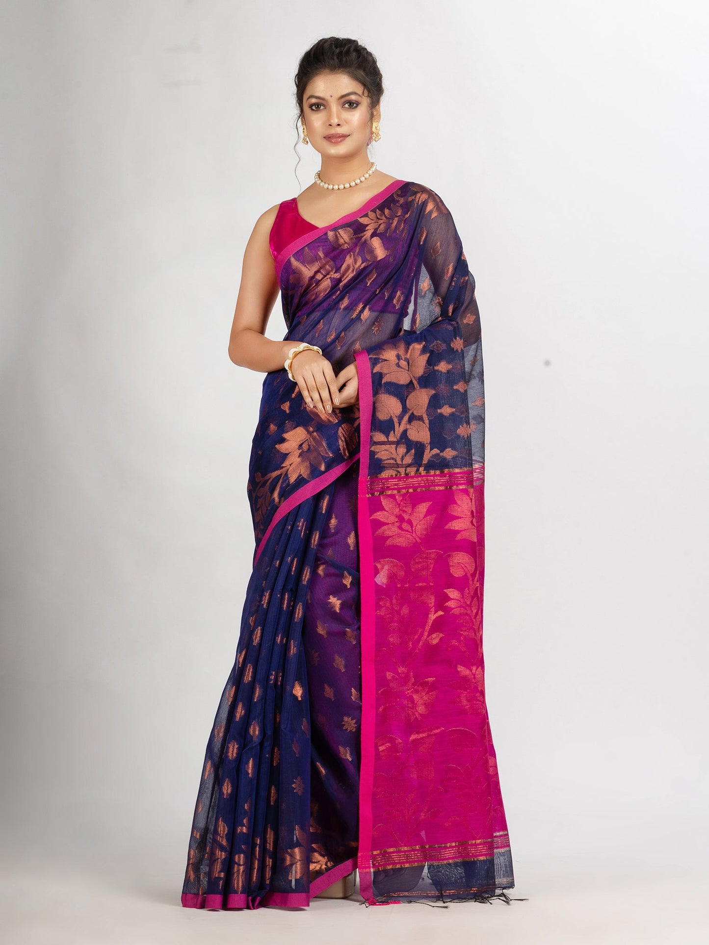 Women's Nevy Blue Cotton Blend Handloom Tangail Saree