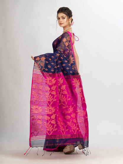 Women's Nevy Blue Cotton Blend Handloom Tangail Saree