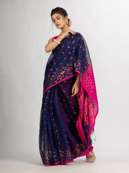 Women's Nevy Blue Cotton Blend Handloom Tangail Saree