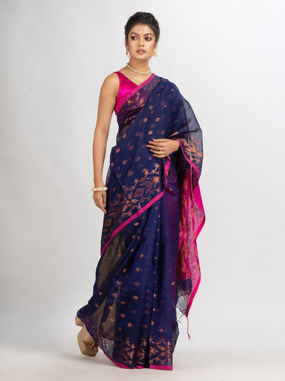 Women's Nevy Blue Cotton Blend Handloom Tangail Saree