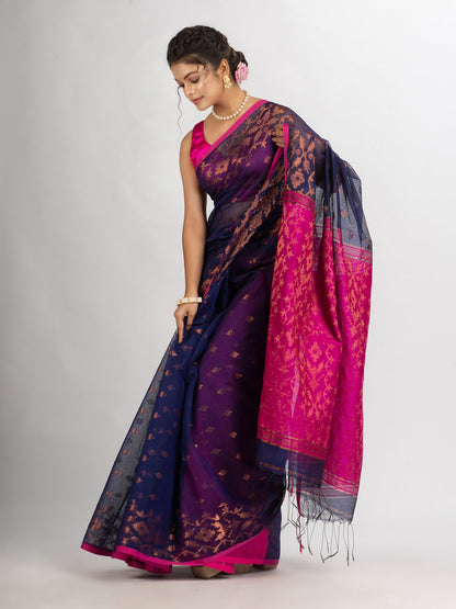 Women's Nevy Blue Cotton Blend Handloom Tangail Saree