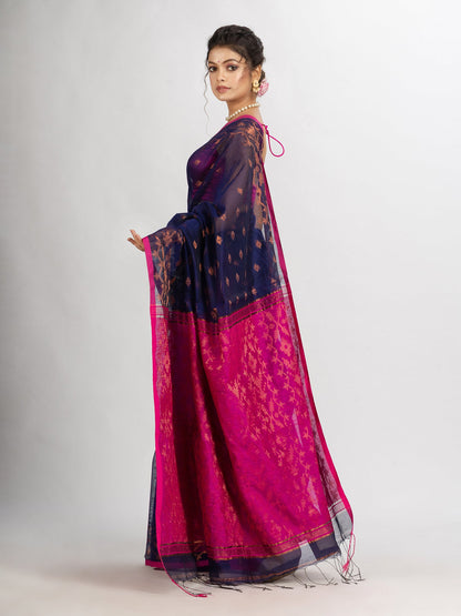 Women's Nevy Blue Cotton Blend Handloom Tangail Saree