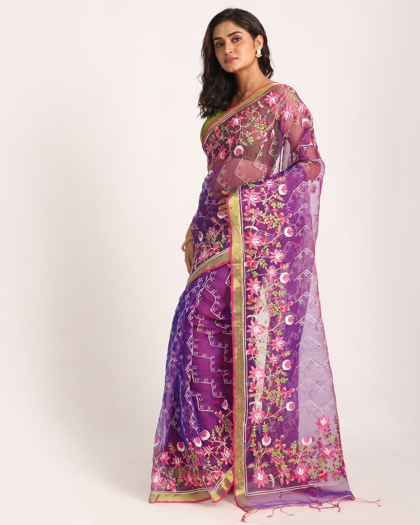 Women's Purple Art Silk Muslin Handloom Embroidery Saree