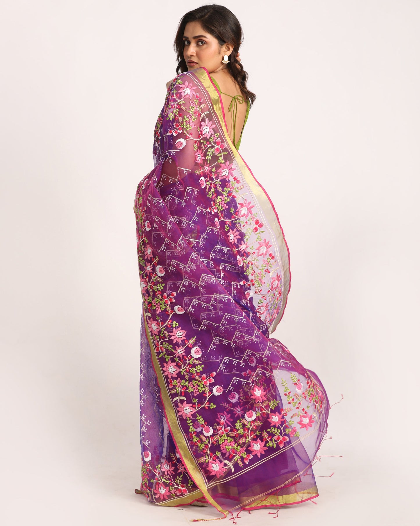 Women's Purple Art Silk Muslin Handloom Embroidery Saree
