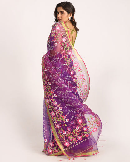 Women's Purple Art Silk Muslin Handloom Embroidery Saree