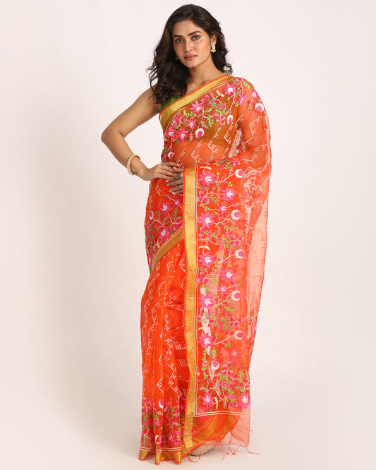 Women's Orange Art Silk Muslin Handloom Embroidery Saree