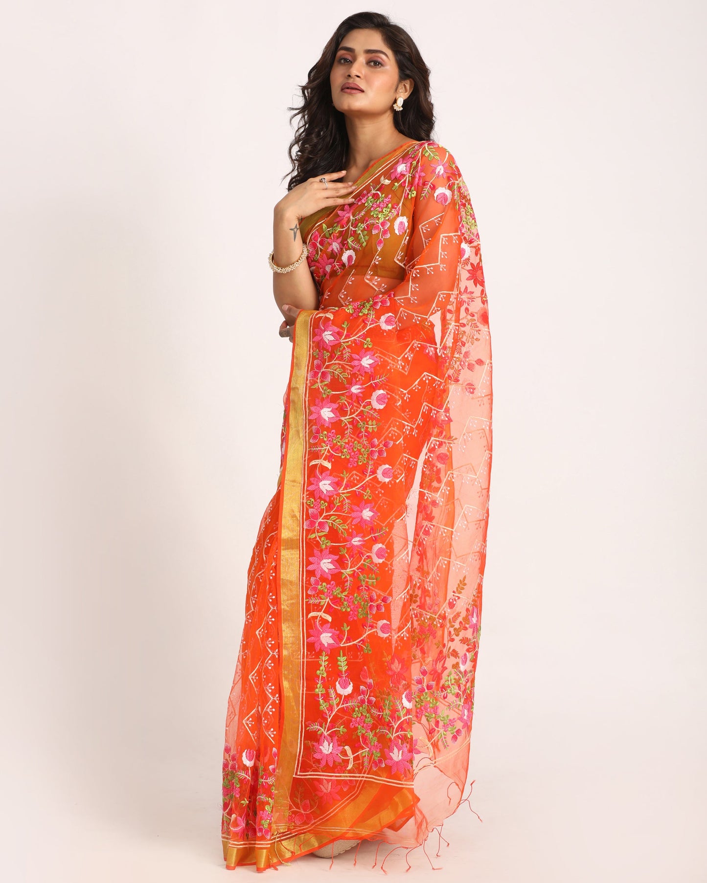 Women's Orange Art Silk Muslin Handloom Embroidery Saree