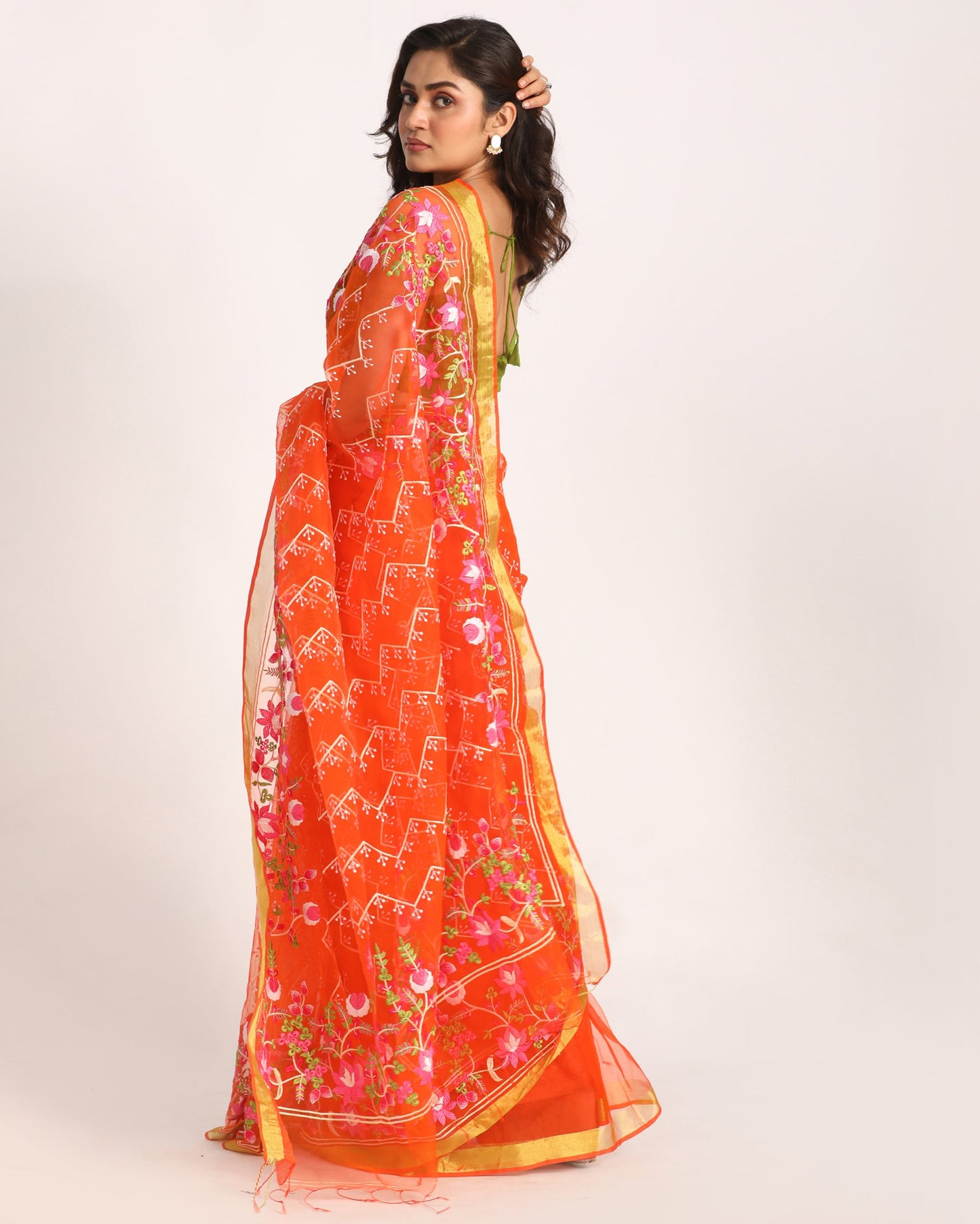 Women's Orange Art Silk Muslin Handloom Embroidery Saree