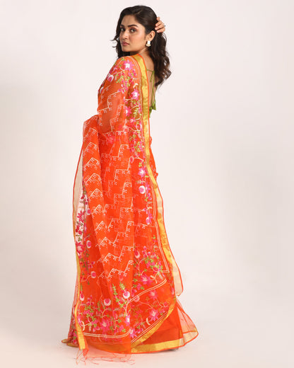Women's Orange Art Silk Muslin Handloom Embroidery Saree