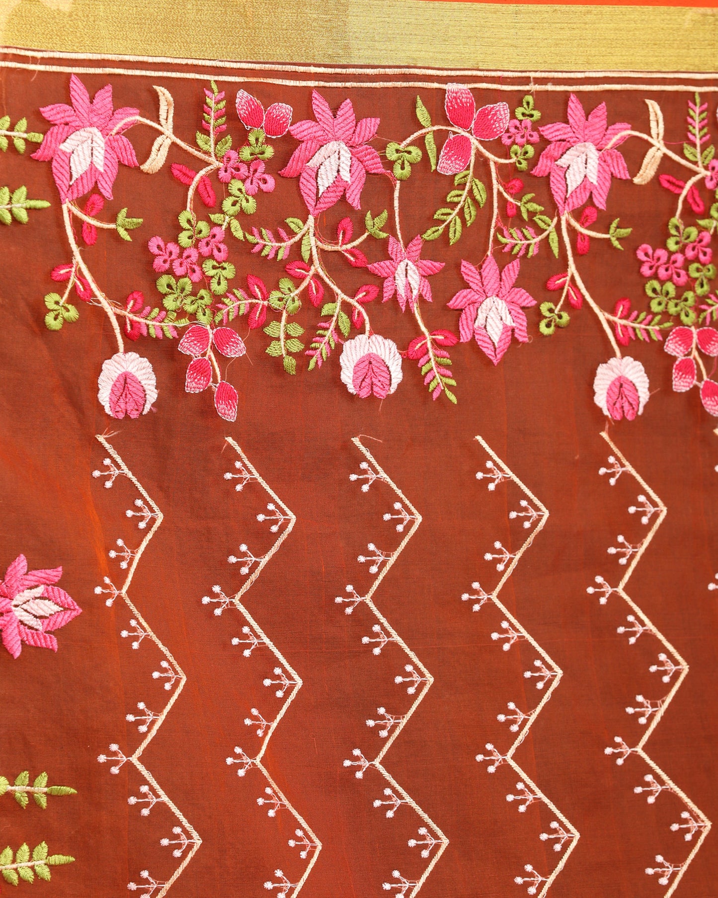 Women's Orange Art Silk Muslin Handloom Embroidery Saree