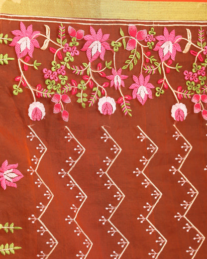 Women's Orange Art Silk Muslin Handloom Embroidery Saree