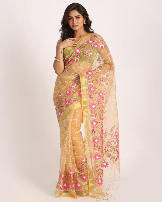 Women's Muga Art Silk Muslin Handloom Embroidery Saree