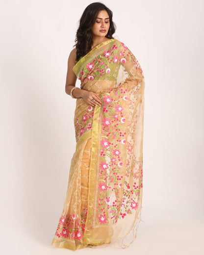 Women's Muga Art Silk Muslin Handloom Embroidery Saree