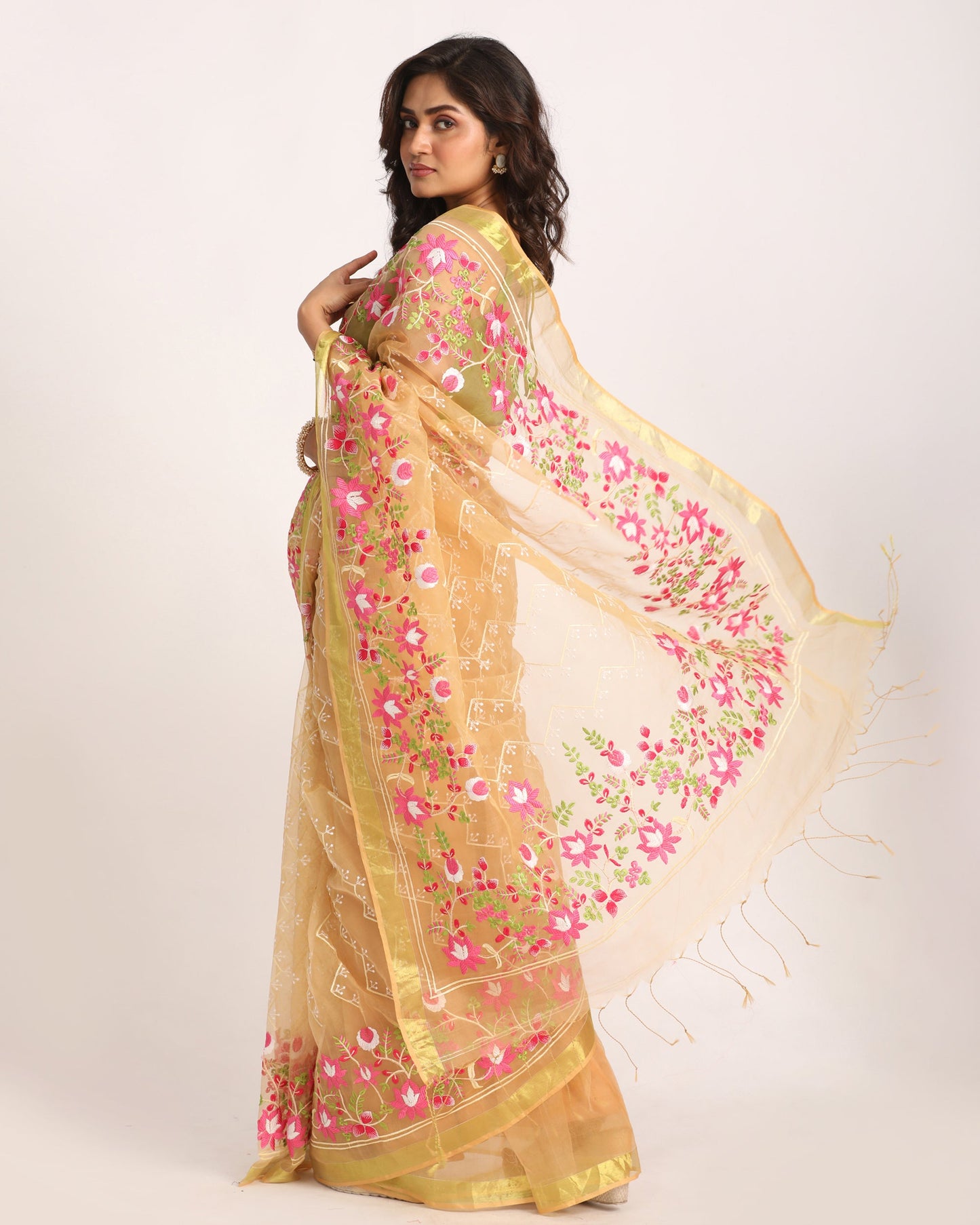 Women's Muga Art Silk Muslin Handloom Embroidery Saree