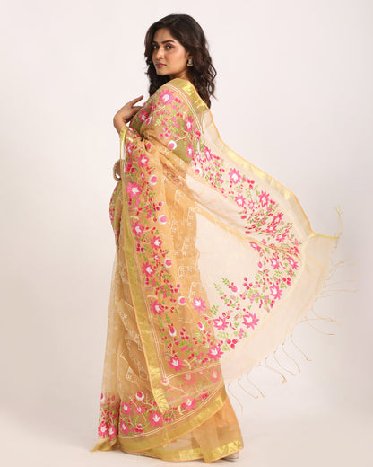 Women's Muga Art Silk Muslin Handloom Embroidery Saree