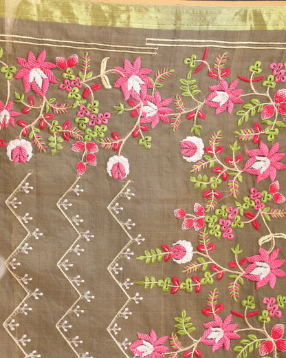 Women's Muga Art Silk Muslin Handloom Embroidery Saree
