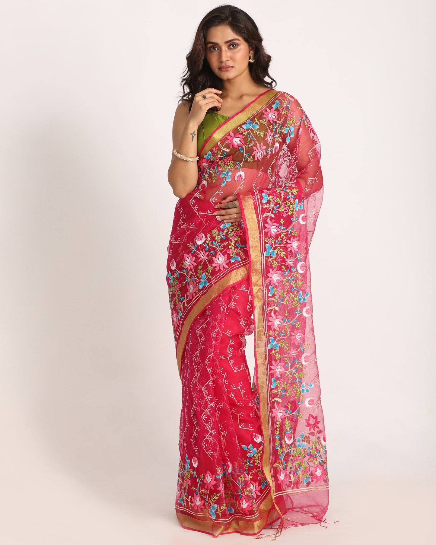 Women's Deep Pink Art Silk Muslin Handloom Embroidery Saree