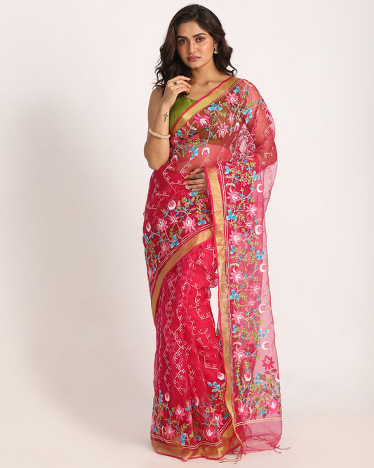 Women's Deep Pink Art Silk Muslin Handloom Embroidery Saree