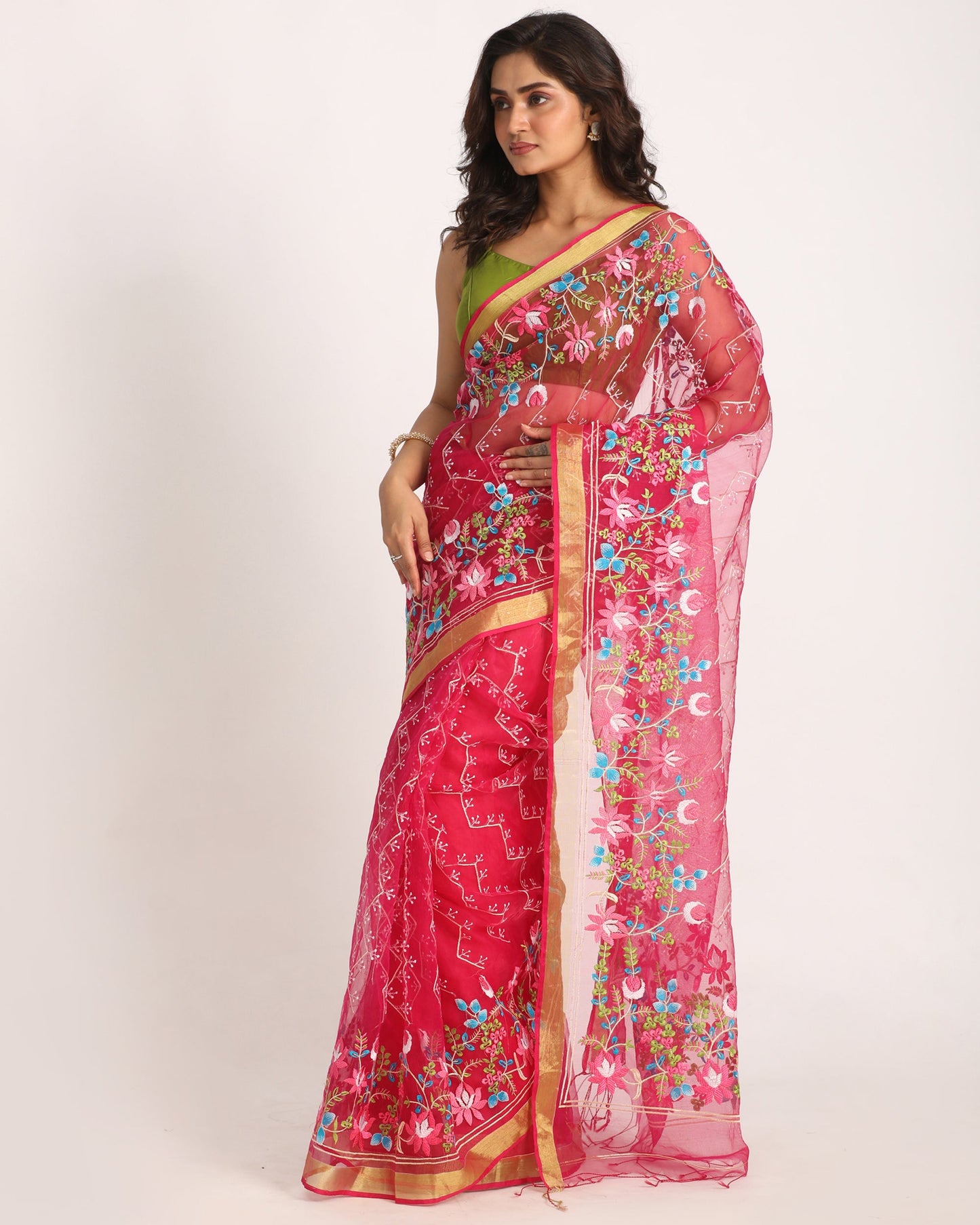 Women's Deep Pink Art Silk Muslin Handloom Embroidery Saree