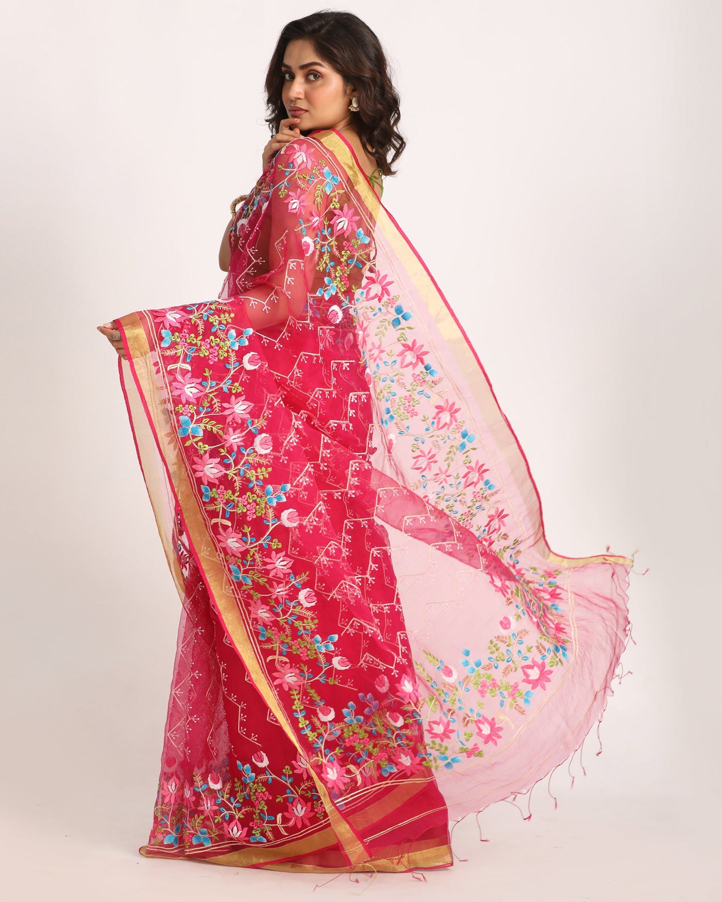 Women's Deep Pink Art Silk Muslin Handloom Embroidery Saree