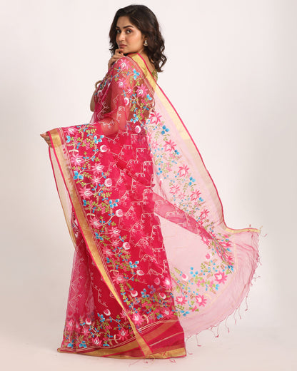 Women's Deep Pink Art Silk Muslin Handloom Embroidery Saree