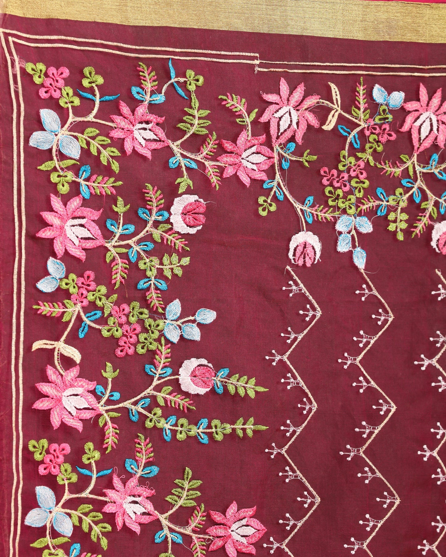 Women's Deep Pink Art Silk Muslin Handloom Embroidery Saree