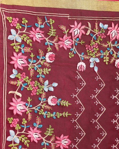 Women's Deep Pink Art Silk Muslin Handloom Embroidery Saree