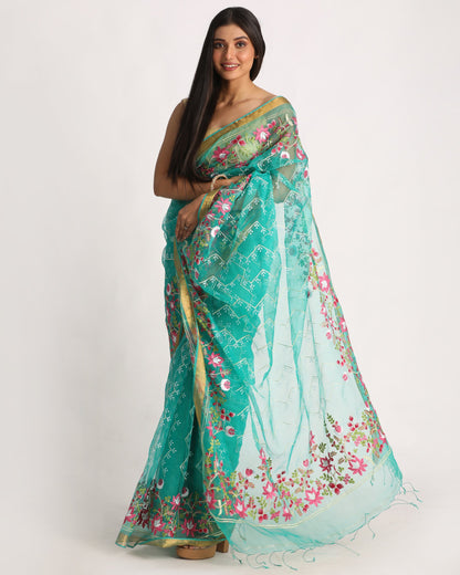Women's Turquoise Art Silk Muslin Handloom Embroidery Saree