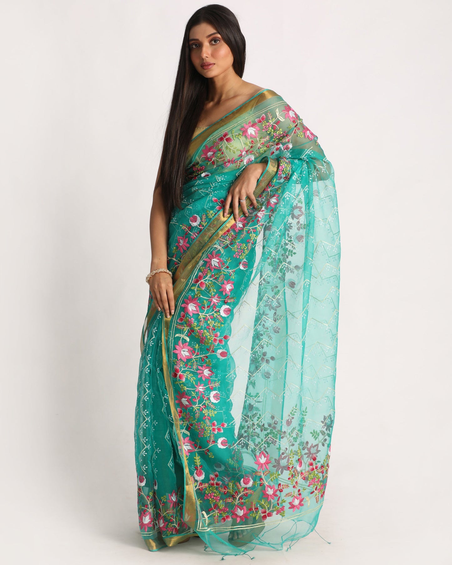 Women's Turquoise Art Silk Muslin Handloom Embroidery Saree