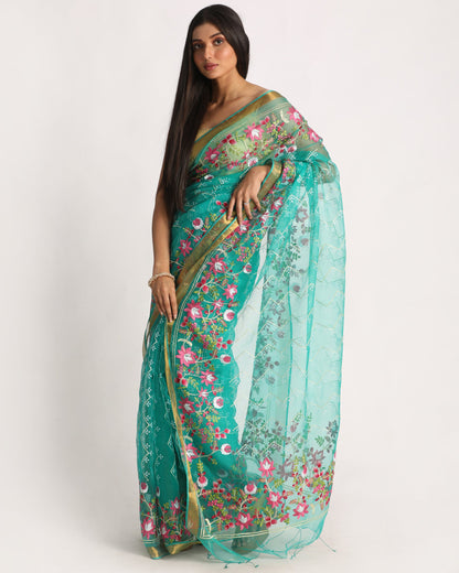 Women's Turquoise Art Silk Muslin Handloom Embroidery Saree