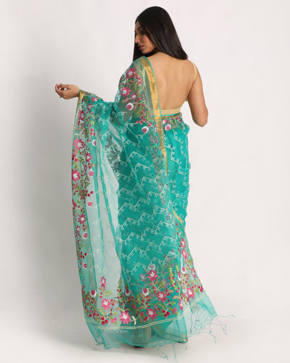 Women's Turquoise Art Silk Muslin Handloom Embroidery Saree