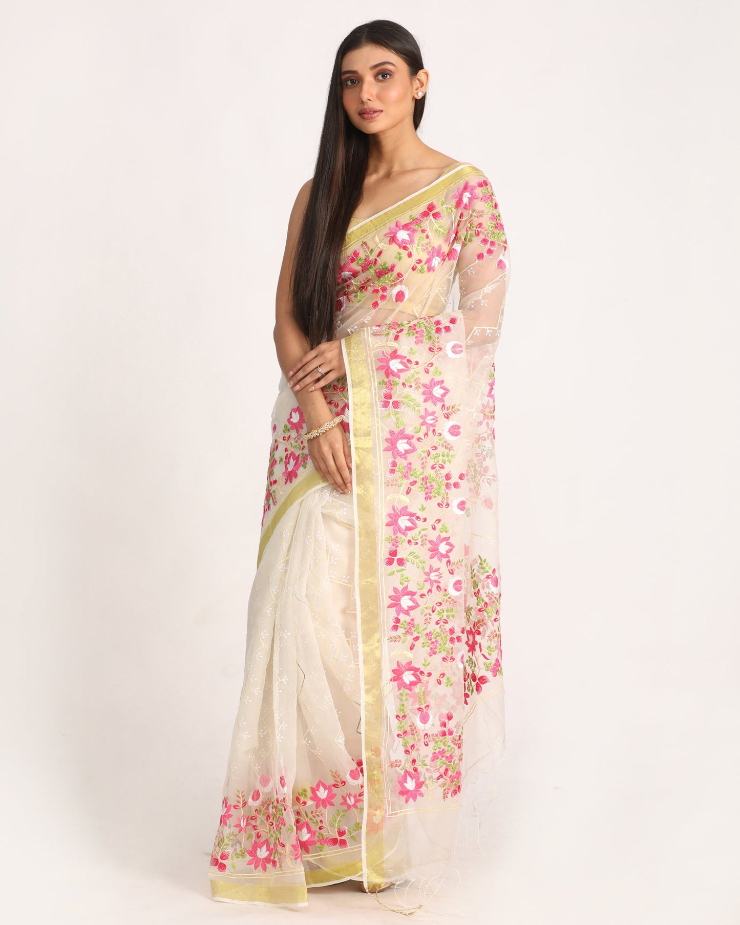 Women's Off White Art Silk Muslin Handloom Embroidery Saree