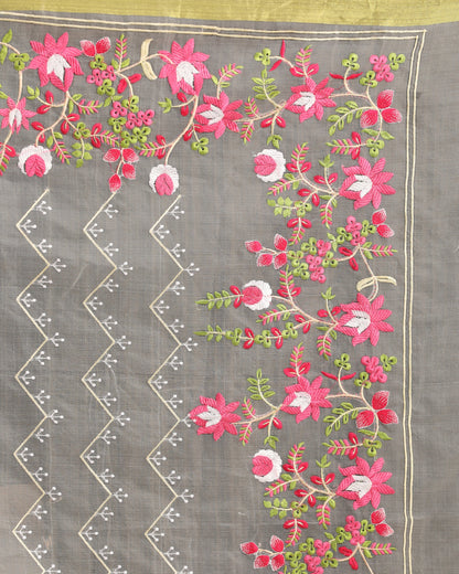 Women's Off White Art Silk Muslin Handloom Embroidery Saree