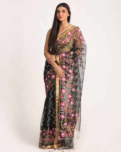 Women's Black Art Silk Muslin Handloom Embroidery Saree