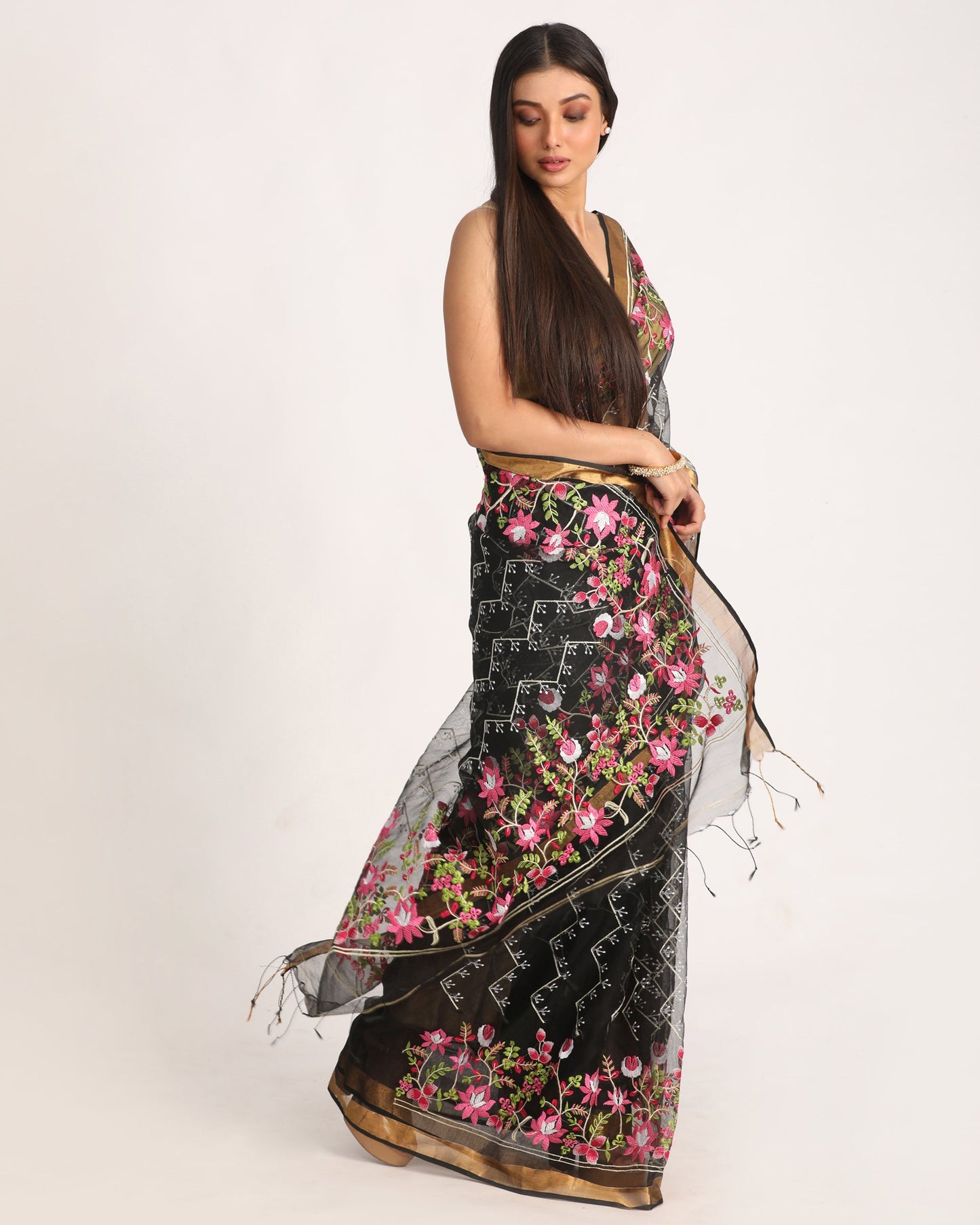 Women's Black Art Silk Muslin Handloom Embroidery Saree